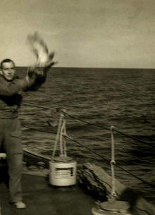HMS Speedy releasing carrier pigeon (radio silence) prior to D Day