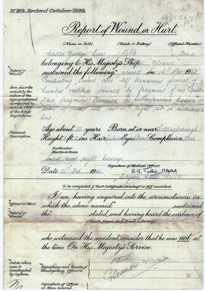 Report of Wound or Hurt, Walter Law - HMS Gleaner